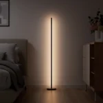 Đèn sàn Nanoleaf Smart Multicolor thanh mảnh trong phòng ngủ hiện đại với ánh sáng trắng tinh tế.