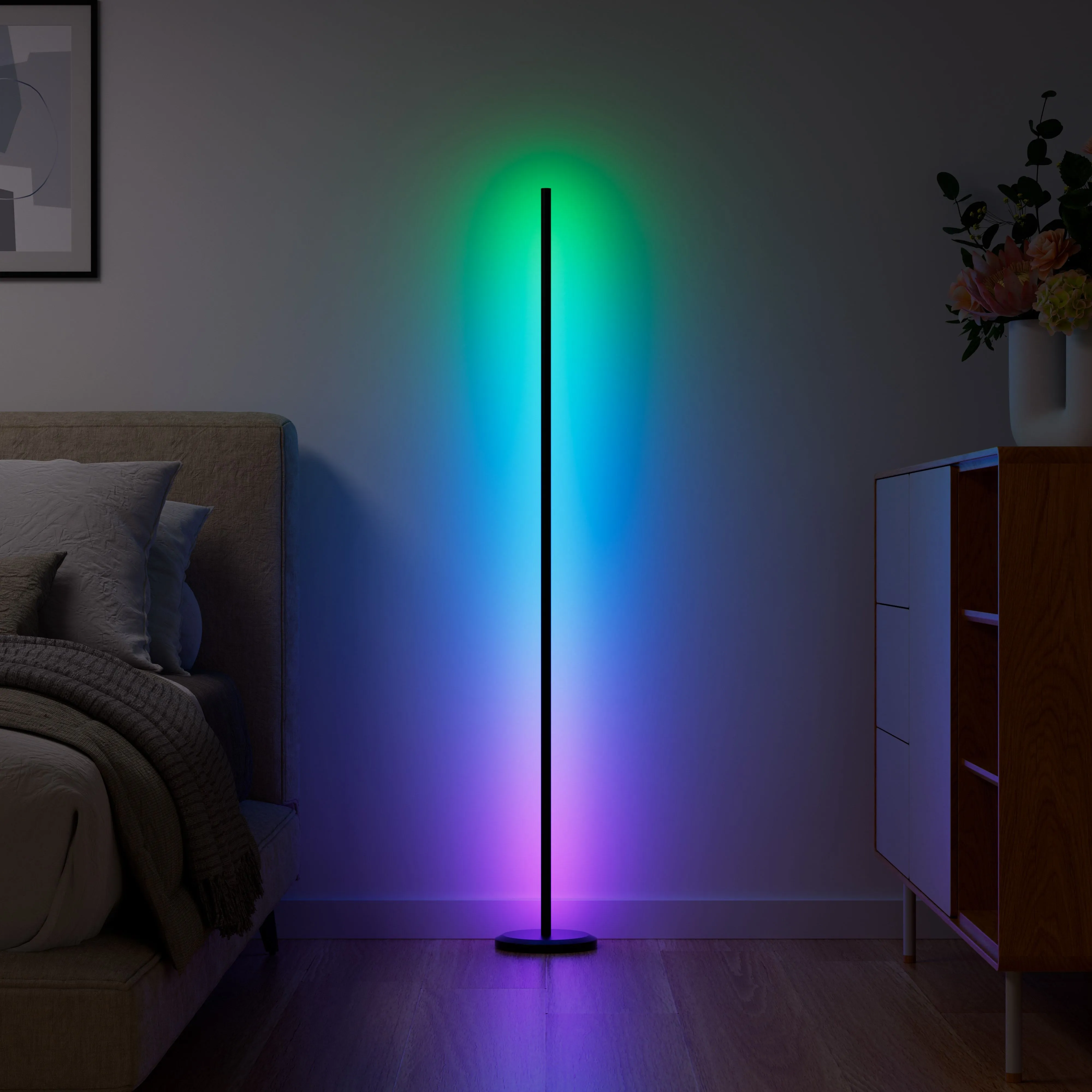 Đèn sàn thông minh Nanoleaf hiển thị dải màu sắc gradient ấn tượng, tạo không gian thư giãn trong phòng ngủ.