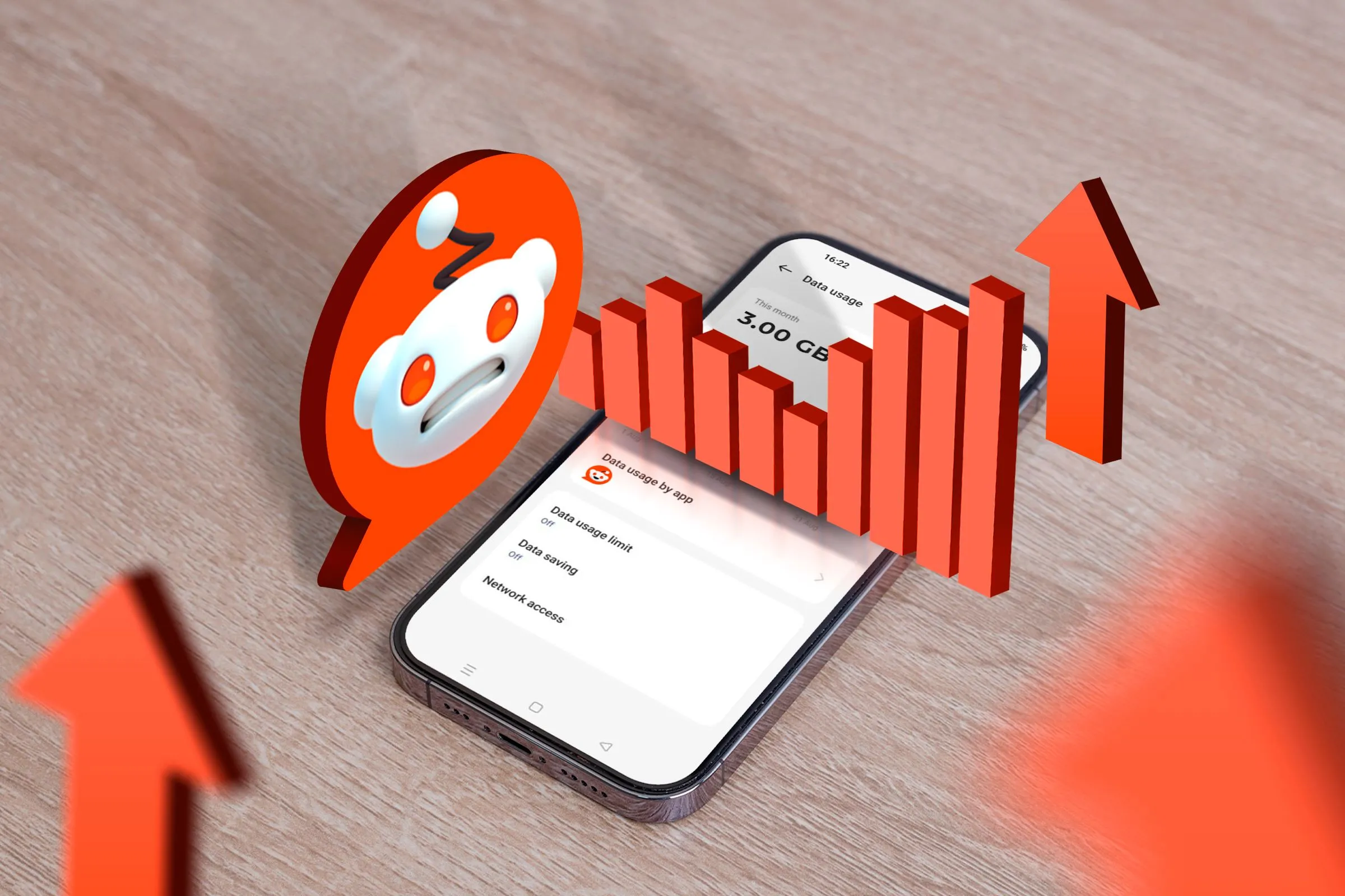 Điện thoại hiển thị mức sử dụng dữ liệu di động tăng vọt, cùng linh vật Reddit Snoo lo lắng, minh họa nhược điểm tiêu tốn tài nguyên của ứng dụng.