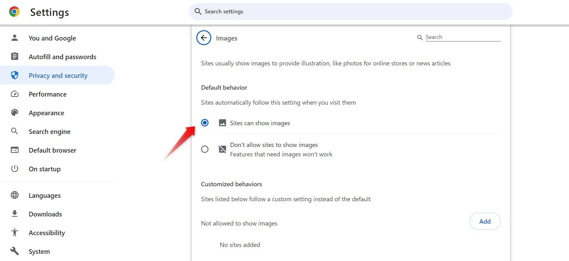 Điều chỉnh cài đặt hình ảnh trong Chrome để cho phép các trang web hiển thị ảnh