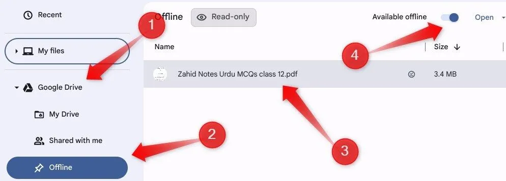 Điều chỉnh tùy chọn &quot;Khả dụng ngoại tuyến&quot; cho từng tệp trong Google Drive thông qua ứng dụng Tệp trên Chromebook để kiểm soát dung lượng lưu trữ.