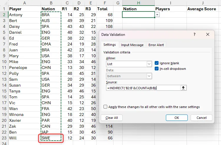 Đường nét đứt minh họa nguồn Data Validation trong Excel cho thấy đã bao gồm hàng dữ liệu mới thêm vào.