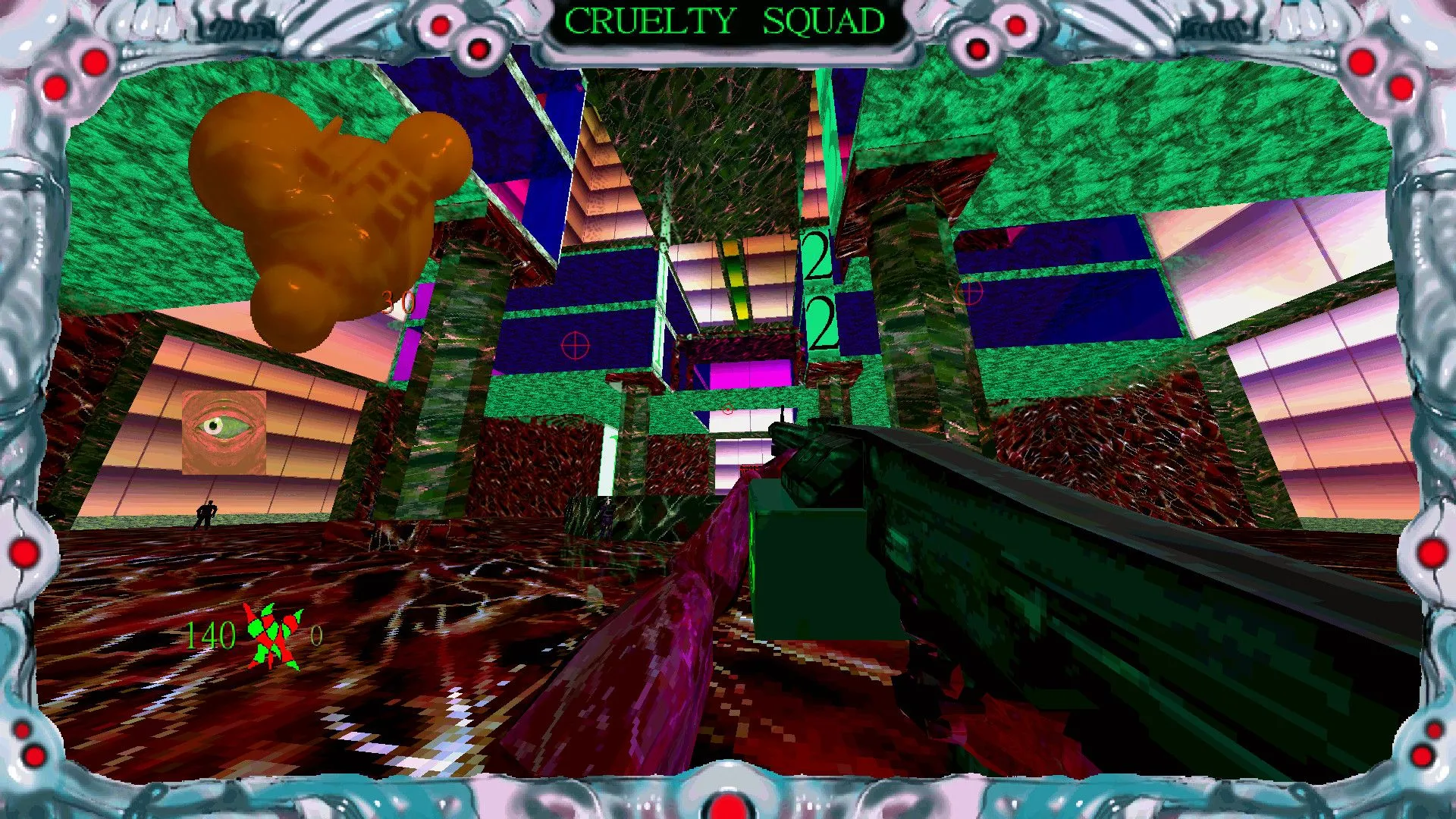Gameplay đầy màu sắc và gây nhức mắt của Cruelty Squad, thể hiện phong cách đồ họa độc đáo và gây tranh cãi của tựa game bắn súng góc nhìn thứ nhất này.