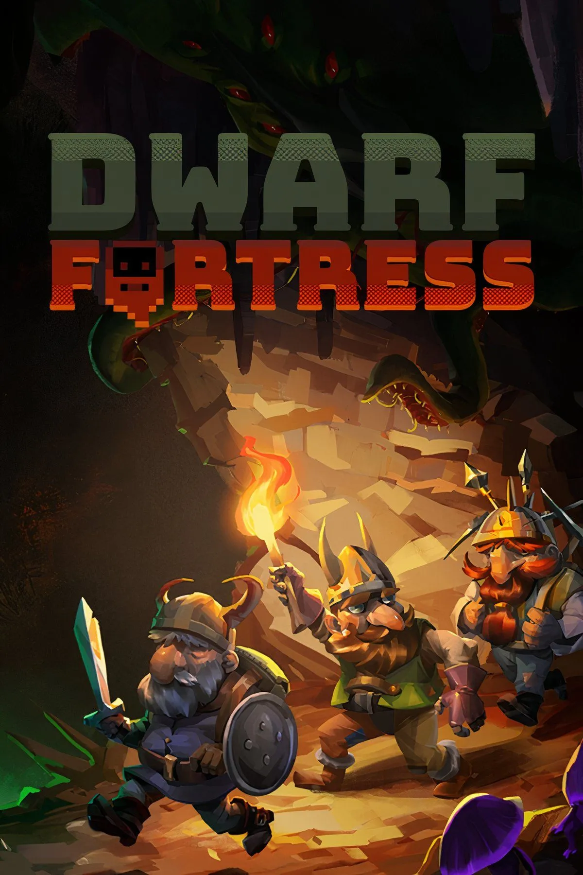Giao diện bản đồ trong Dwarf Fortress hiển thị một pháo đài lùn được xây dựng phức tạp dưới lòng đất, minh họa thế giới giả tưởng mô phỏng chi tiết và cơ chế quản lý ngầm của game chiến lược.