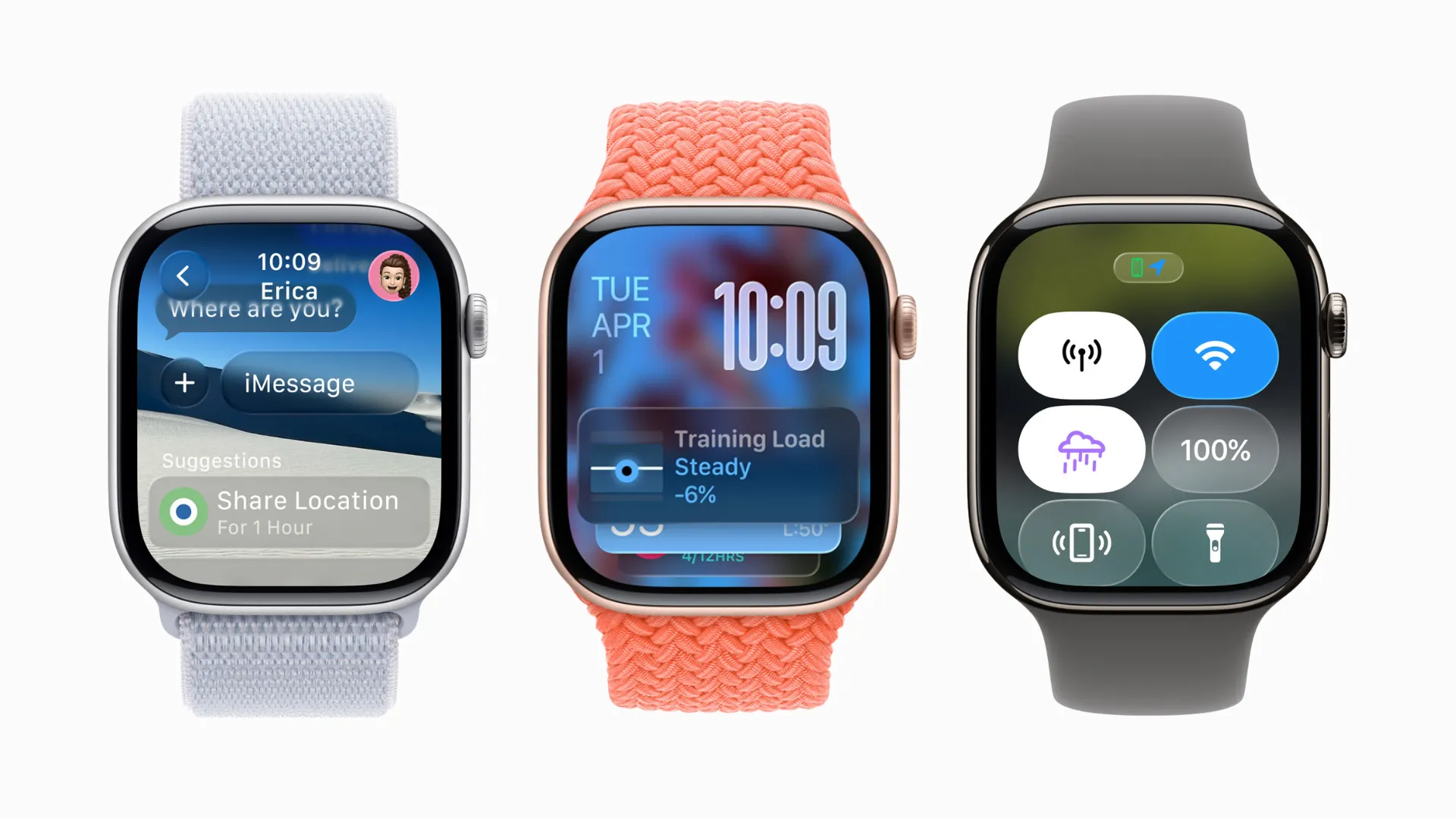 Giao diện các ứng dụng Tin nhắn, Smart Stack và Trung tâm điều khiển trên watchOS 26, thể hiện sự cải tiến về trải nghiệm người dùng và khả năng điều hướng thuận tiện.