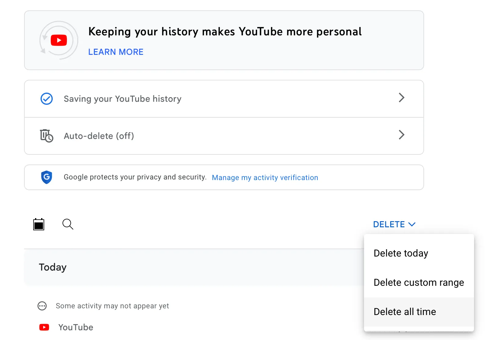 Giao diện cài đặt 'Dữ liệu của bạn trên YouTube' cho phép xóa lịch sử xem video và lịch sử tìm kiếm, với tùy chọn xóa từng mục hoặc xóa toàn bộ để làm mới đề xuất.