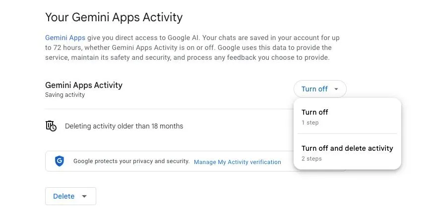 Giao diện cài đặt Hoạt động ứng dụng Gemini trên điện thoại Android, minh họa tùy chọn quản lý dữ liệu tương tác và quyền riêng tư.