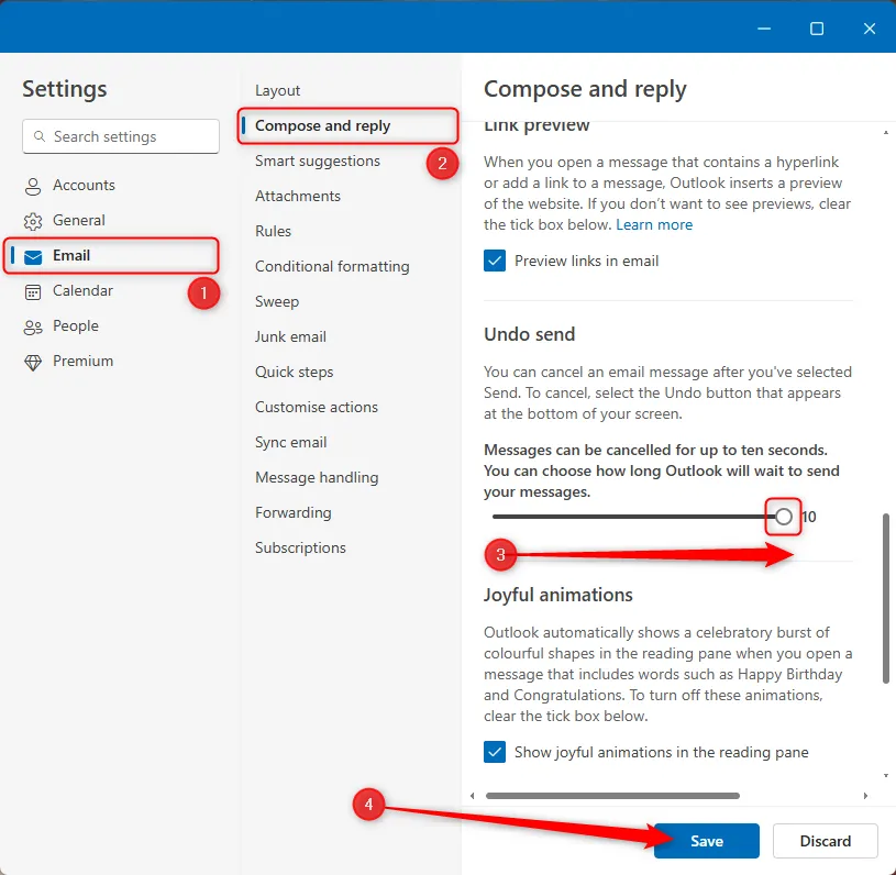 Giao diện cài đặt Soạn và Trả lời của Outlook mới, hiển thị thanh trượt thời gian Hủy gửi đã được kéo tối đa.