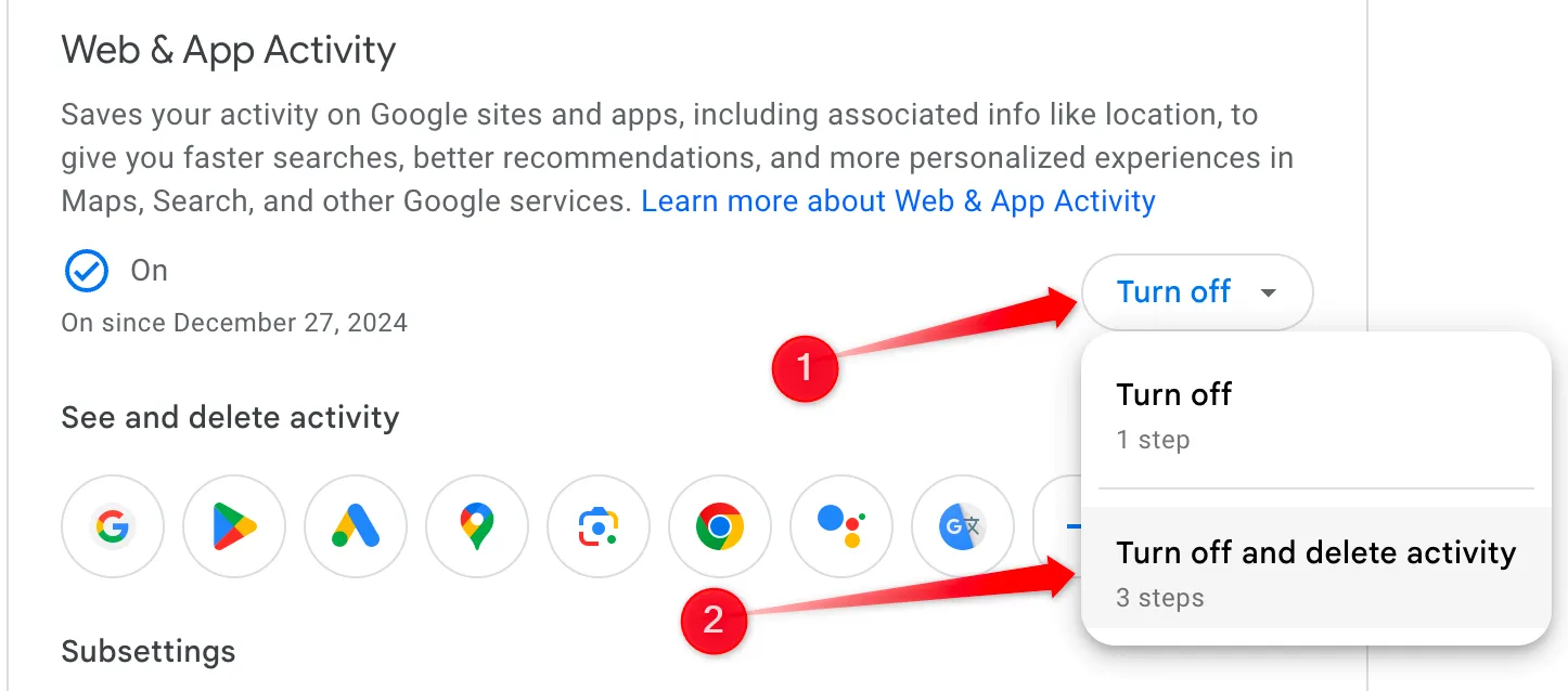 Giao diện cài đặt tài khoản Google hiển thị tùy chọn tạm dừng và xóa Hoạt động Web & Ứng dụng, giúp tăng cường quyền riêng tư người dùng.