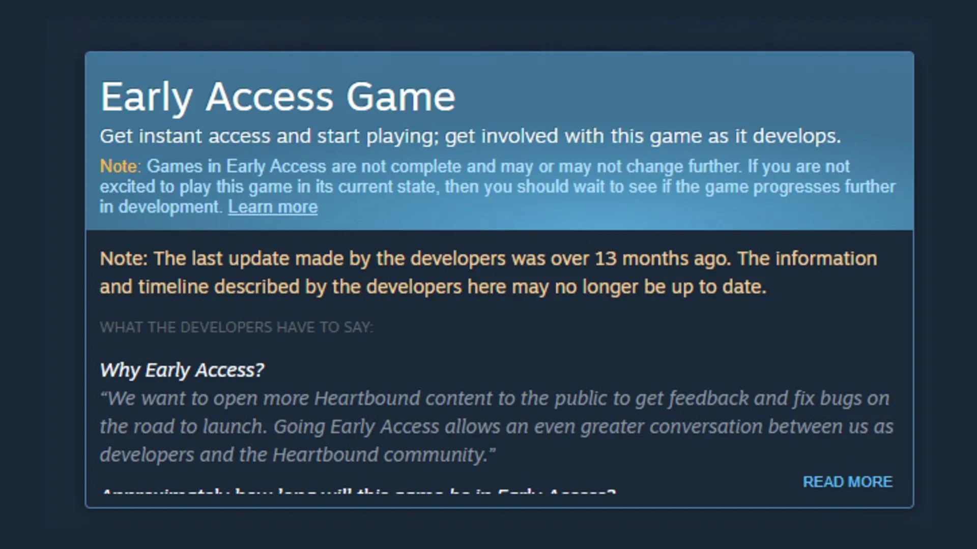Giao diện cảnh báo của Steam về trò chơi Early Access lâu không được cập nhật, hiển thị thông báo về thời gian cập nhật cuối cùng.