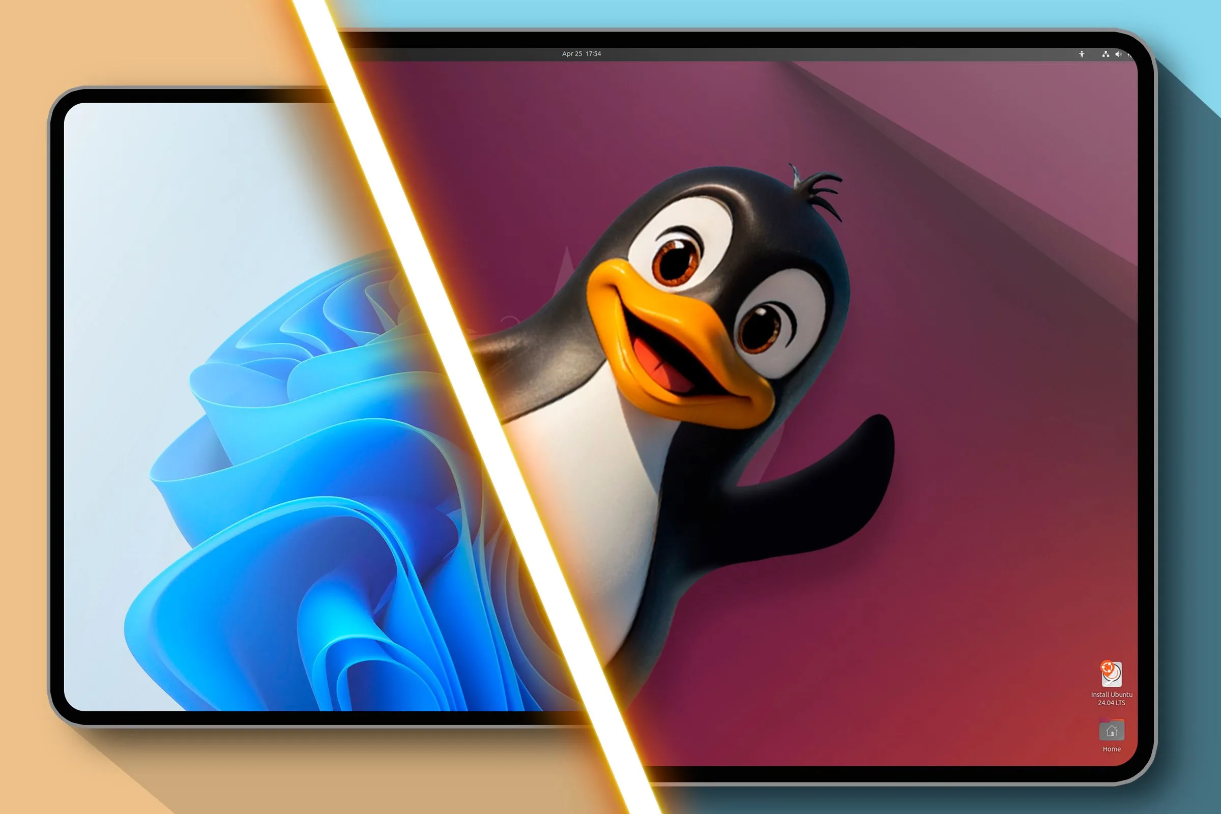 Giao diện chia đôi màn hình hiển thị Windows 11 bên trái và biểu tượng Linux Tux bên phải, minh họa cho hệ thống dual boot