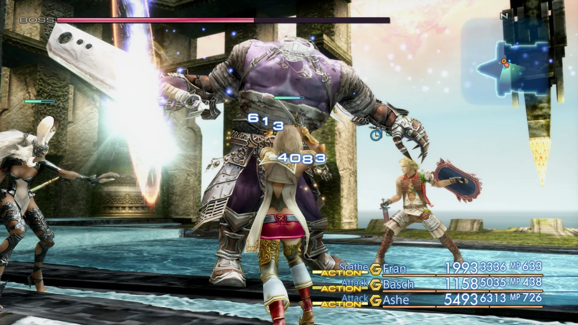 Giao diện chiến đấu trong Final Fantasy XII, thể hiện hệ thống Gambits độc đáo và các nhân vật đang phối hợp hành động trong trận chiến JRPG.