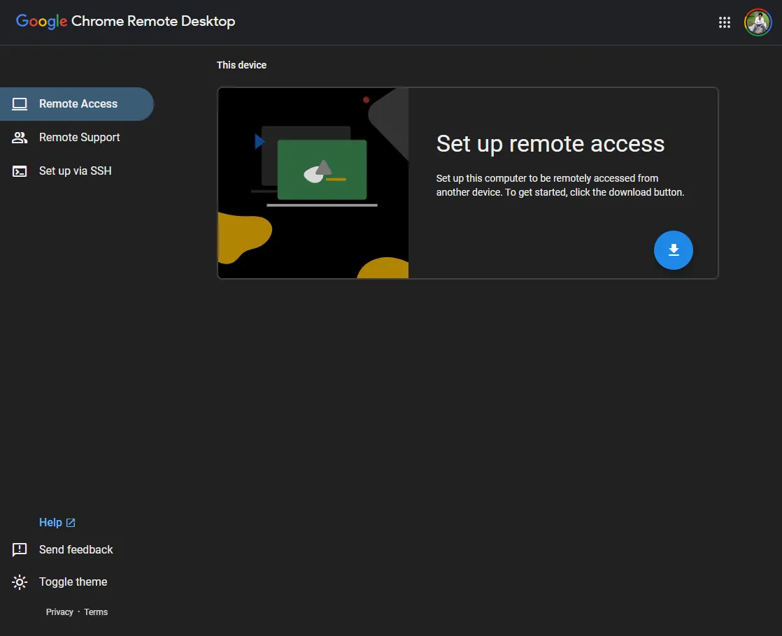 Giao diện chính của Google Chrome Remote Desktop hiển thị tùy chọn tải xuống công cụ thiết lập, minh họa sự đơn giản trong việc bắt đầu sử dụng.