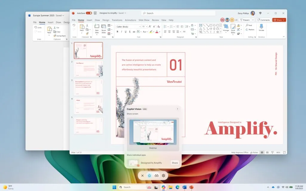 Giao diện Copilot Vision trên Windows 11 với tính năng chia sẻ màn hình máy tính, cho phép trợ lý AI phân tích trực tiếp nội dung hiển thị trên ứng dụng hoặc toàn bộ màn hình để cung cấp hỗ trợ ngữ cảnh.