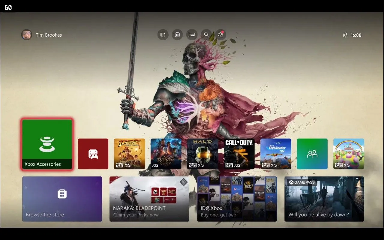 Giao diện điều khiển Xbox quen thuộc được phát trực tiếp, gợi ý trải nghiệm người dùng tối ưu cho máy chơi game Xbox cầm tay.