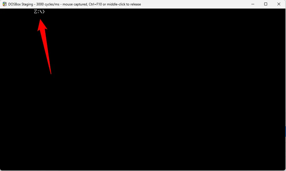 Giao diện dòng lệnh DOSBox Staging ban đầu, hiển thị ổ đĩa Z: đang hoạt động trước khi người dùng chuyển sang ổ đĩa C: đã mount.