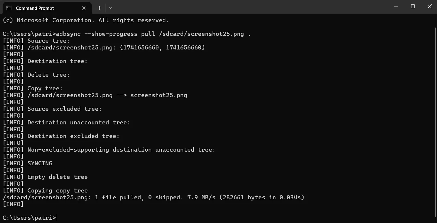 Giao diện dòng lệnh hiển thị tiến trình đồng bộ file từ điện thoại Android sang máy tính bằng better-adb-sync
