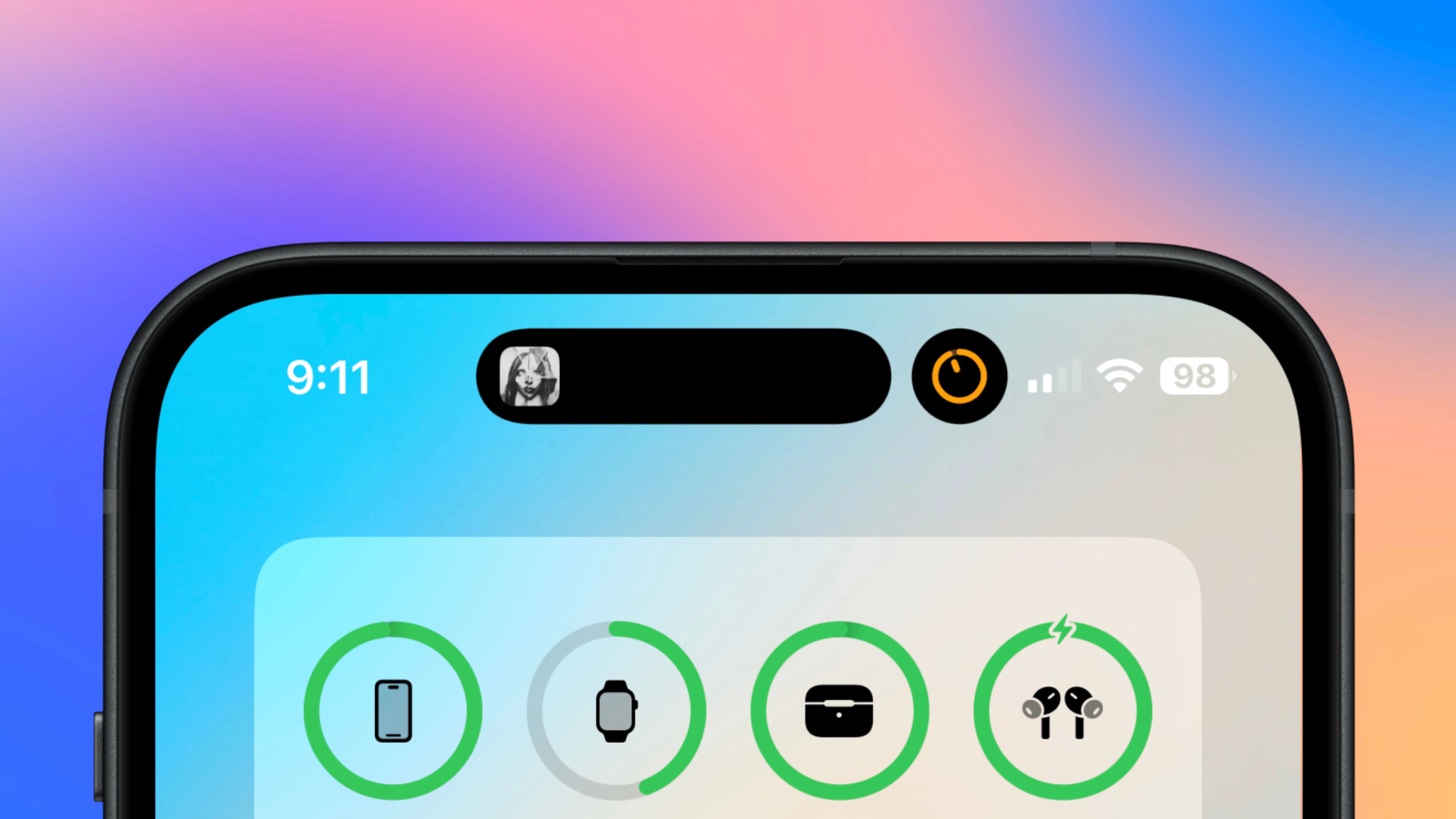 Giao diện Dynamic Island trên iPhone hiển thị thông tin nghe nhạc và hẹn giờ.