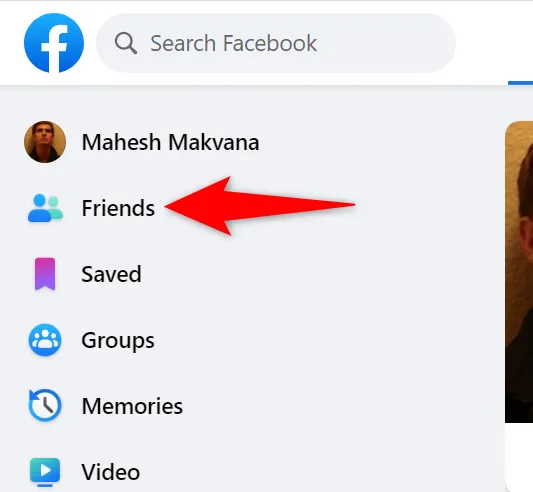 Giao diện Facebook trên máy tính hiển thị tùy chọn "Bạn bè" ở thanh điều hướng bên trái, giúp người dùng dễ dàng truy cập.