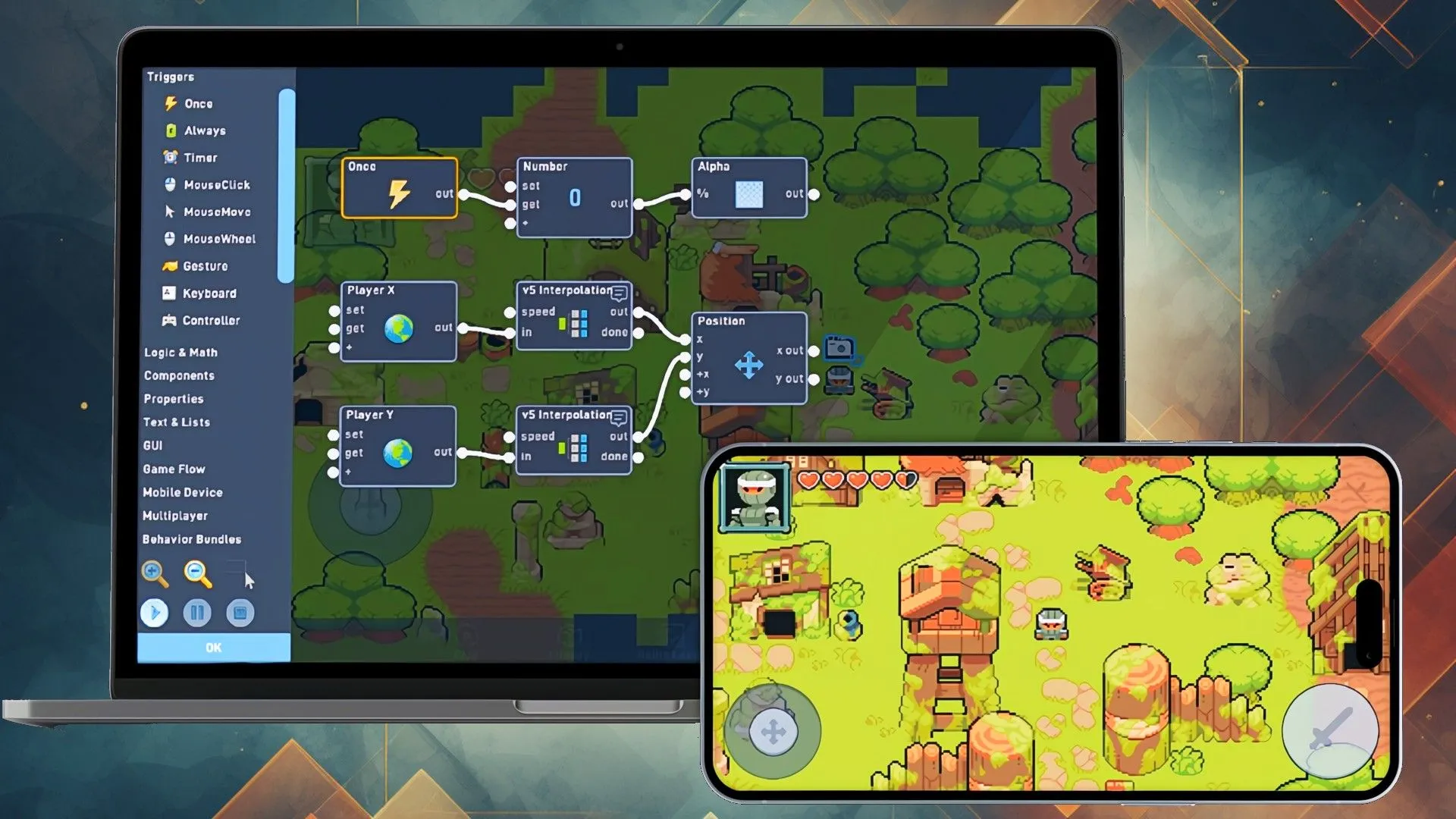Giao diện Flowlab Game Creator trên trình duyệt web, hiển thị quá trình phát triển game với cảnh quan rừng và nhân vật, làm nổi bật công cụ tạo game trực quan không cần cài đặt.