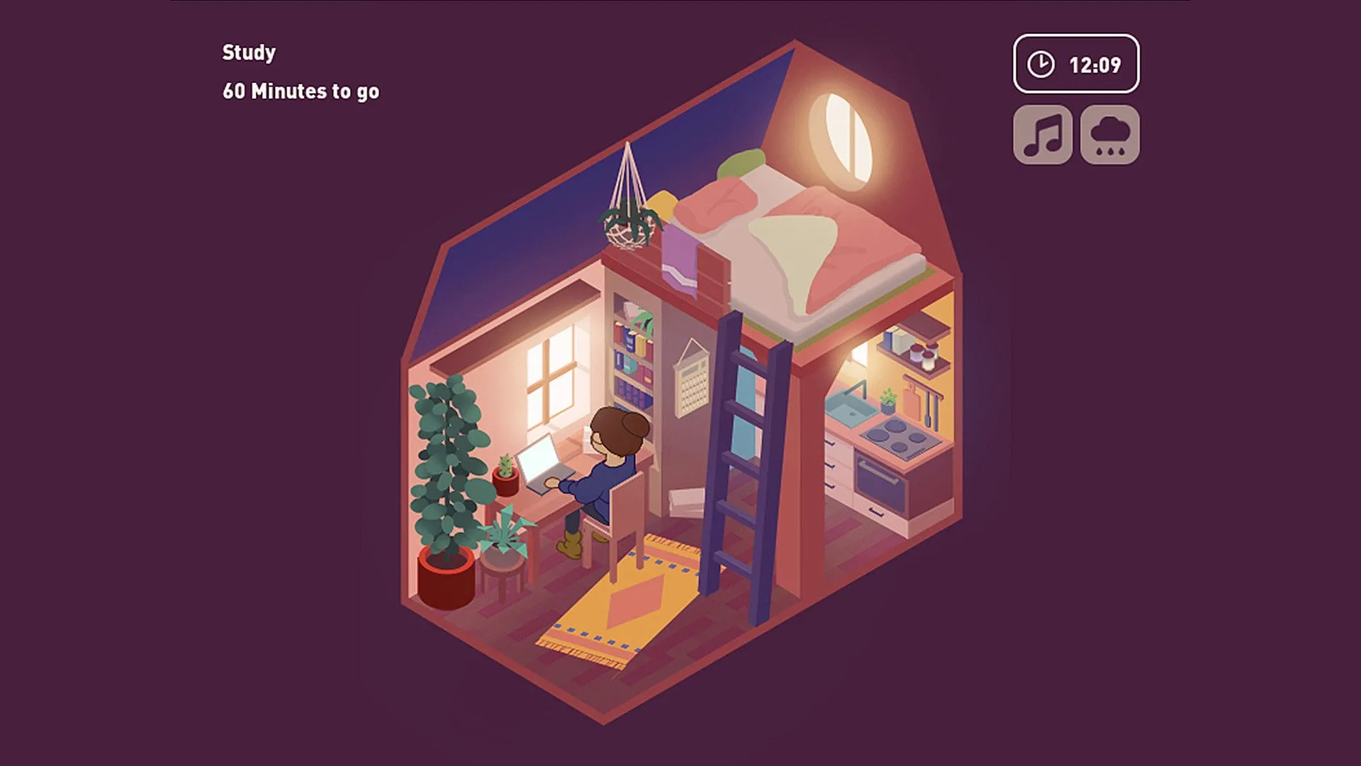 Giao diện game Virtual Cottage hiển thị một ngôi nhà nhỏ ấm cúng với đồng hồ Pomodoro và danh sách công việc, tạo không gian làm việc tĩnh lặng.