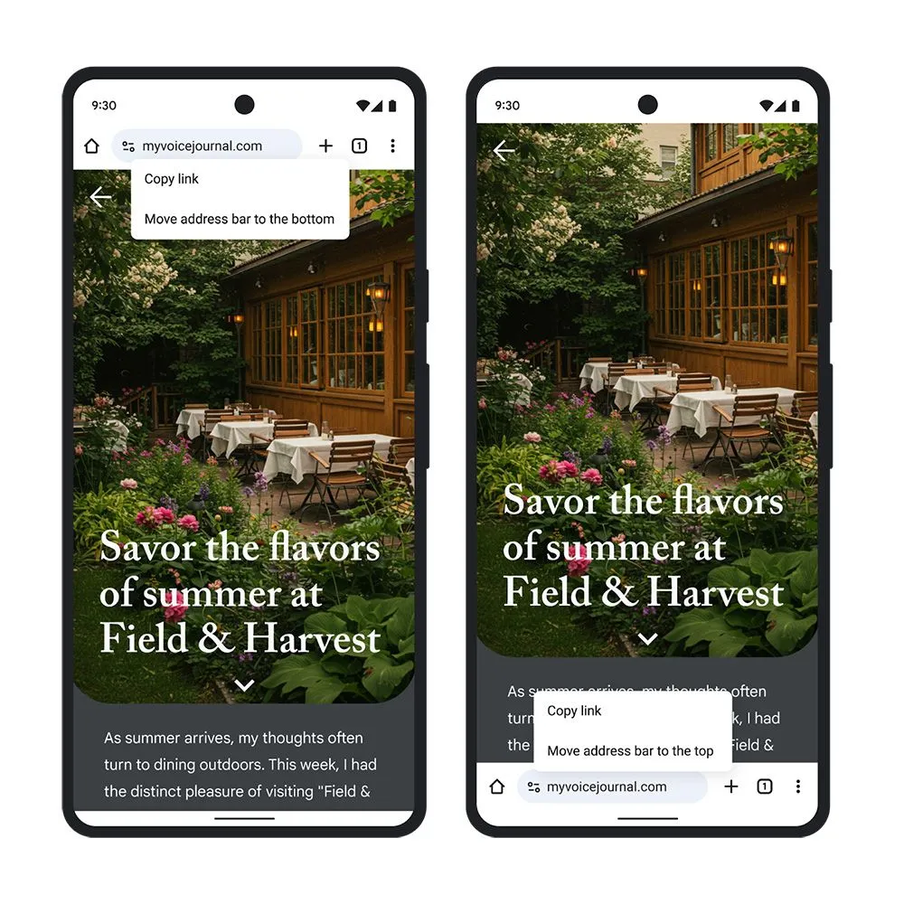 Giao diện Google Chrome trên Android với thanh địa chỉ được di chuyển xuống phía dưới màn hình, giúp người dùng thao tác dễ dàng hơn bằng một tay.