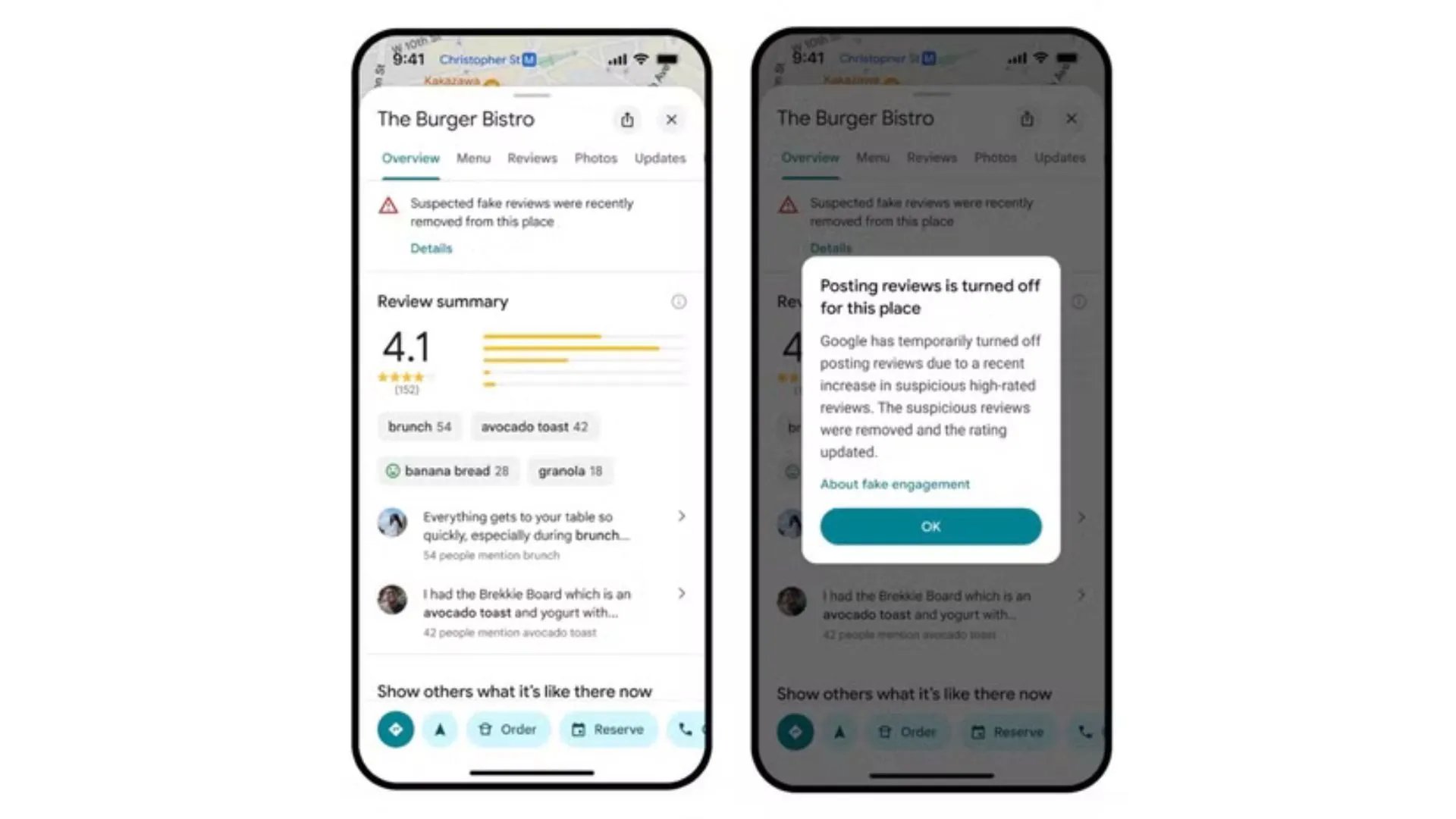 Giao diện Google Maps hiển thị thông báo về việc tạm thời tắt tính năng đánh giá cho một địa điểm, minh họa nỗ lực của Google trong việc sử dụng AI để kiểm soát và loại bỏ các đánh giá giả mạo, đảm bảo tính xác thực cho người dùng.