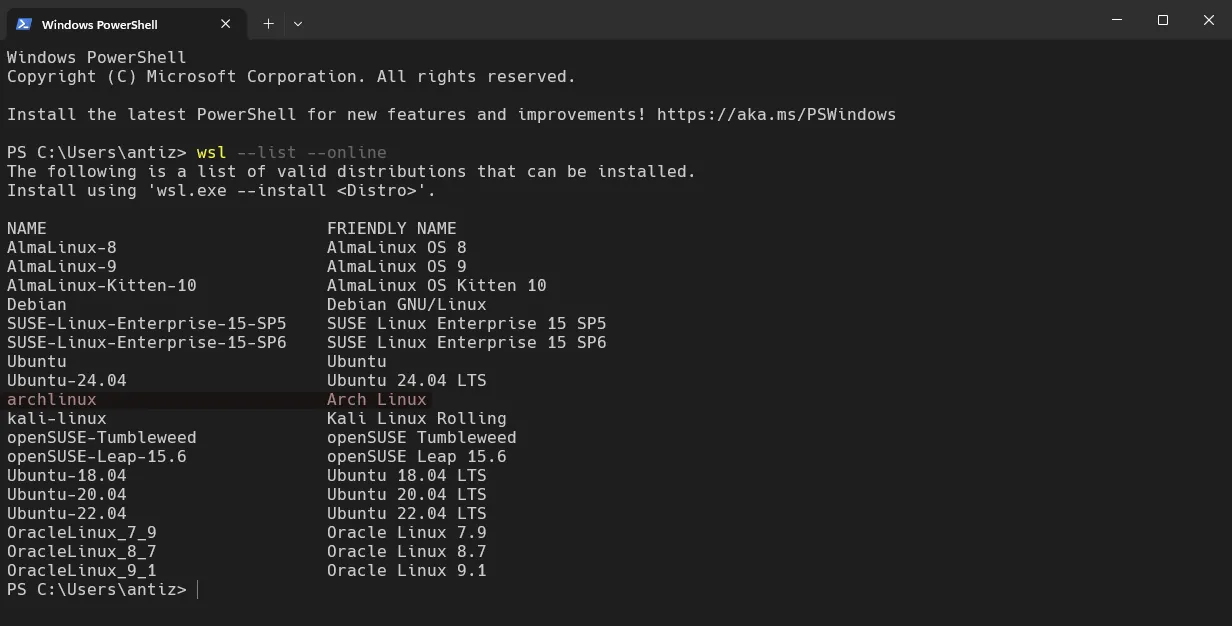 Giao diện hiển thị danh sách các bản phân phối Linux được hỗ trợ trên WSL, với Arch Linux được tô sáng, minh họa sự đa dạng lựa chọn cho người dùng Windows.