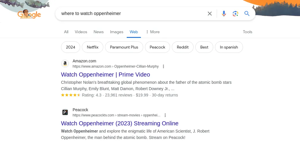Giao diện kết quả tìm kiếm Google ở chế độ lọc "Web" chỉ hiển thị các liên kết văn bản đơn giản, loại bỏ các thành phần bổ sung như AI hay hộp thông tin.