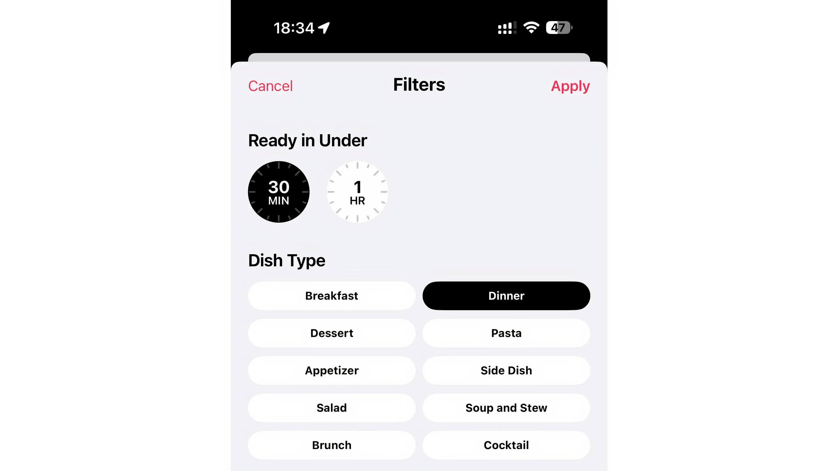 Giao diện lọc công thức trong Apple News+ Food, hiển thị kết quả &quot;bữa tối dưới 30 phút&quot; với nhiều tiêu chí lọc nâng cao