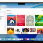Giao diện macOS Tahoe 26 với hiệu ứng Liquid Glass trong suốt và ứng dụng Apple Music.