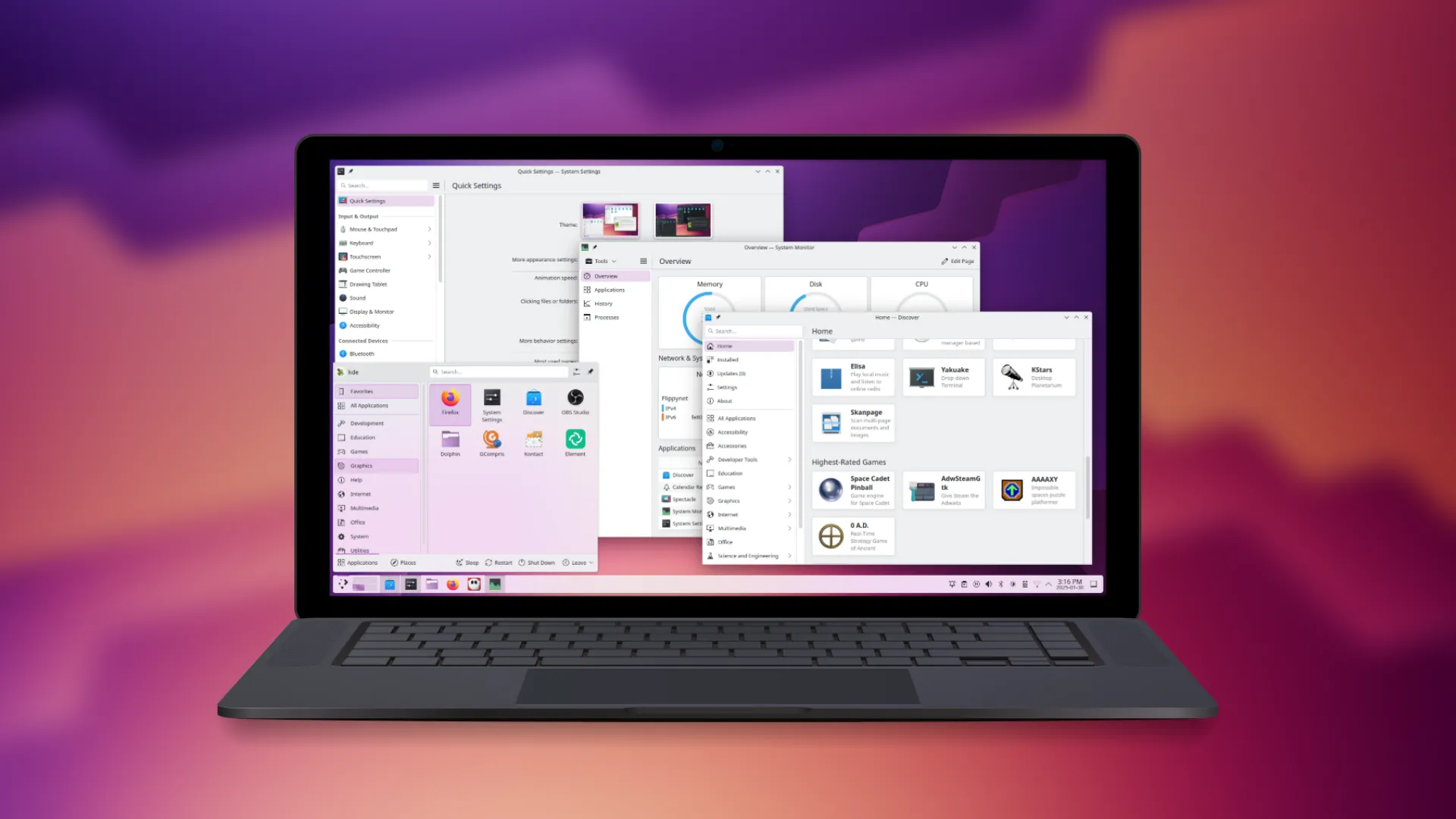 Giao diện máy tính để bàn KDE Plasma trên laptop với hình nền gradient tím vàng, thể hiện khả năng tùy biến sâu rộng của Linux.
