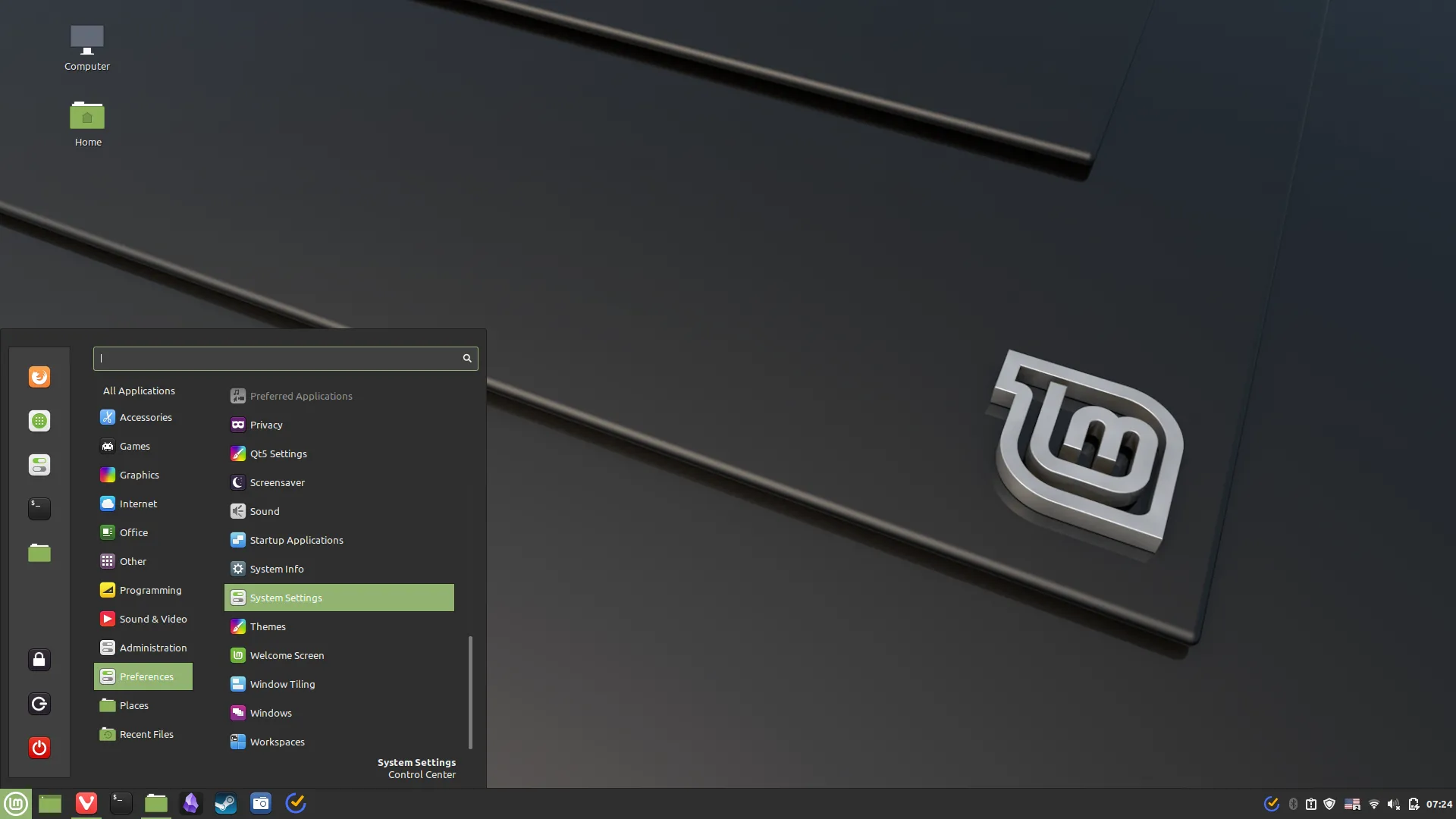 Giao diện menu Start và các tùy chọn cài đặt trên Linux Mint, thể hiện sự quen thuộc với người dùng Windows.