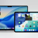 Giao diện người dùng Liquid Glass của Apple trên MacBook, iPad, iPhone và Apple Watch, thể hiện sự đồng bộ về thiết kế.