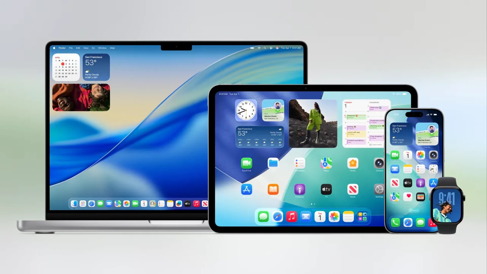 Giao diện người dùng Liquid Glass của Apple trên MacBook, iPad, iPhone và Apple Watch, thể hiện sự đồng bộ về thiết kế.