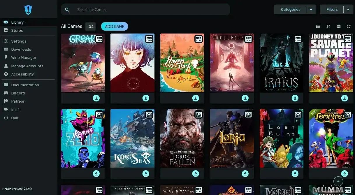 Giao diện phần mềm Heroic Games Launcher, công cụ hỗ trợ chơi game từ Epic Games Store hoặc GOG trên SteamOS, minh họa nỗ lực mở rộng thư viện game không phải Steam.