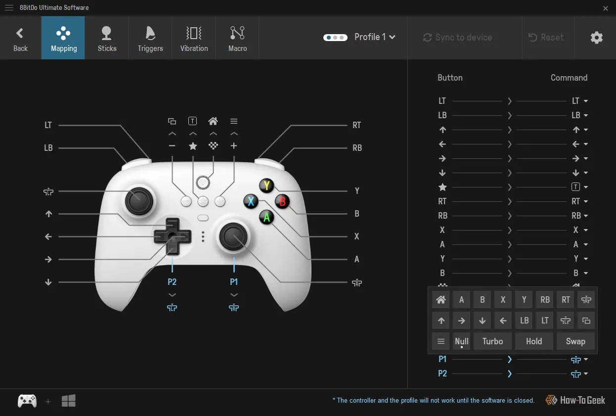 Giao diện phần mềm tùy chỉnh 8BitDo Ultimate Controller, cho phép người dùng cá nhân hóa các nút bấm, độ nhạy joystick và tạo macro.