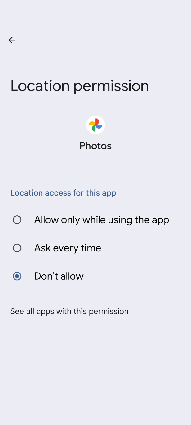 Giao diện quản lý quyền truy cập của ứng dụng Google Photos trên Android, hiển thị các quyền đã cho phép và bị từ chối.