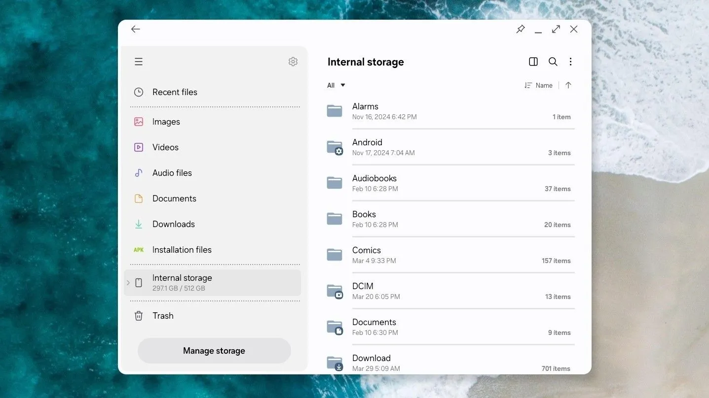 Giao diện quản lý tệp tin Samsung My Files trên môi trường Samsung DeX, hiển thị không gian lưu trữ và tệp gần đây.