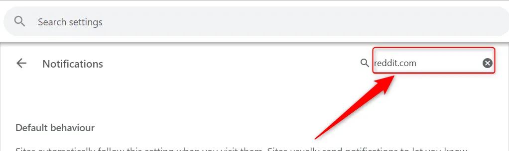 Giao diện quản lý thông báo của Chrome, hiển thị thanh tìm kiếm để lọc &quot;reddit.com&quot;.