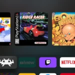 Giao diện RetroArch trên màn hình Apple TV hiển thị thư viện trò chơi retro.