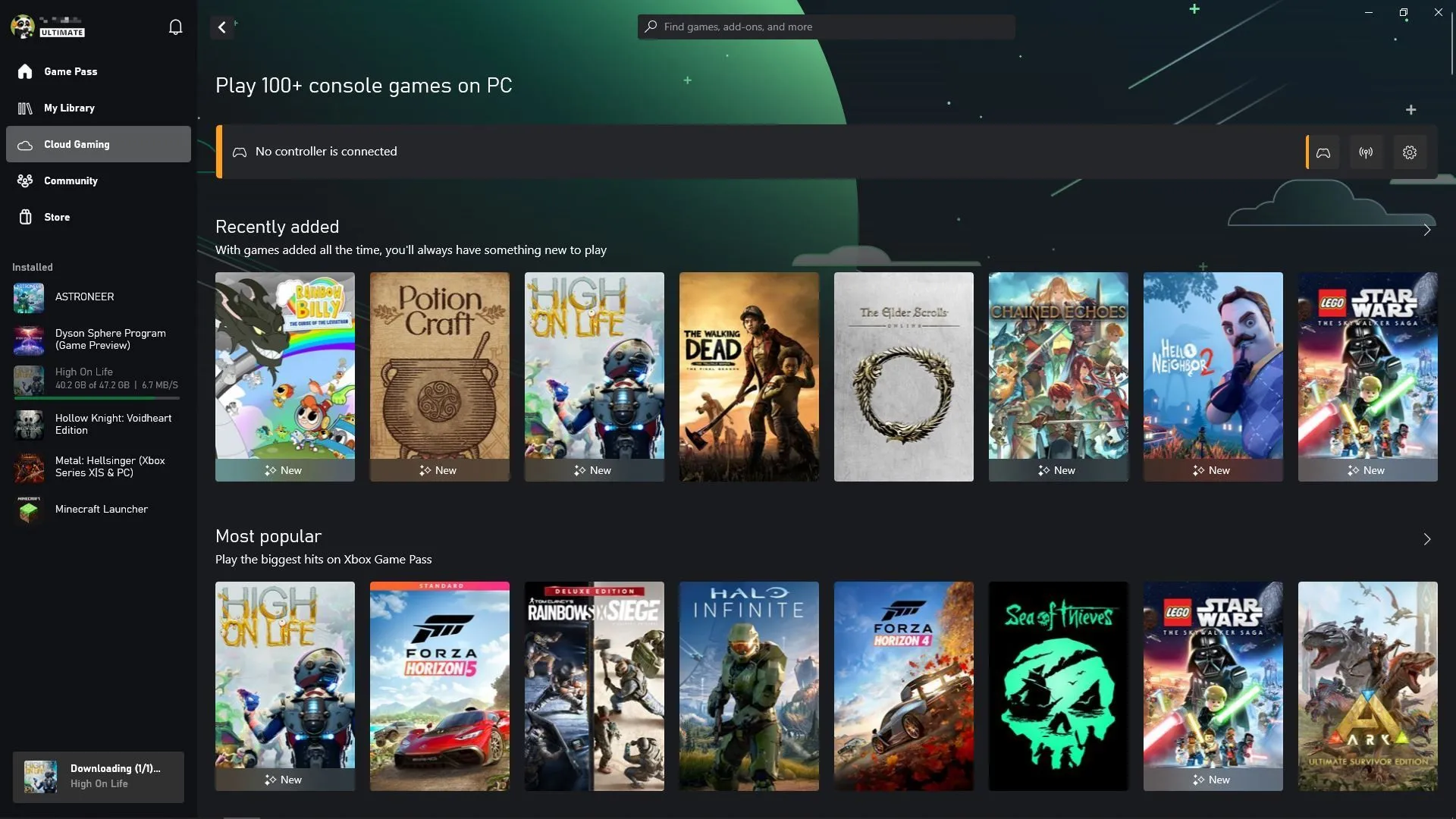 Giao diện tab chơi game đám mây trong ứng dụng Xbox Game Pass trên Windows, thể hiện sự tích hợp và mở rộng thư viện game của Xbox thông qua các đối tác chiến lược.