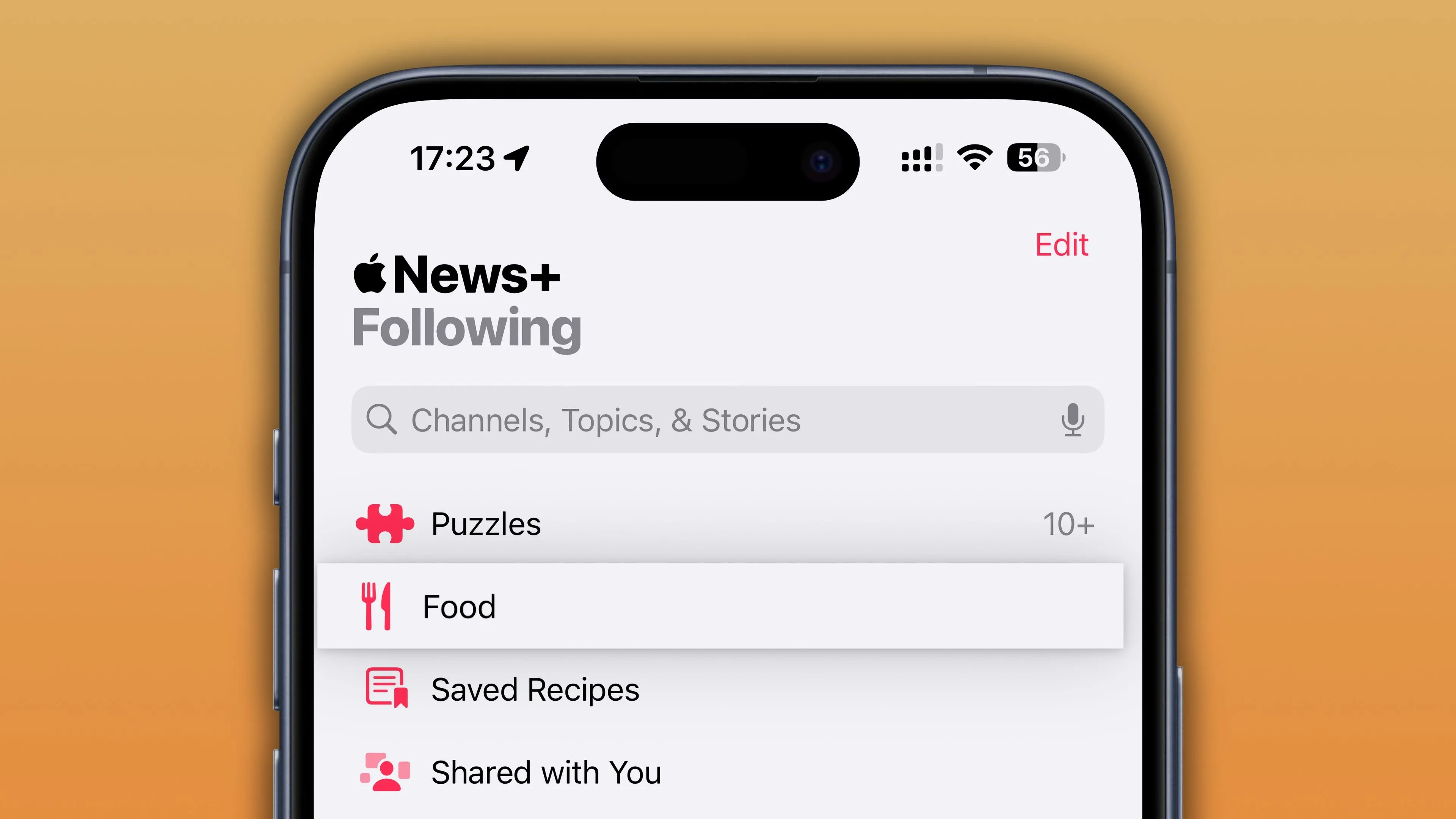 Giao diện tab &quot;Đang theo dõi&quot; trong ứng dụng Apple News+ trên iOS 18.4, với mục &quot;Ẩm thực&quot; (Food) đã được chọn để khám phá công thức