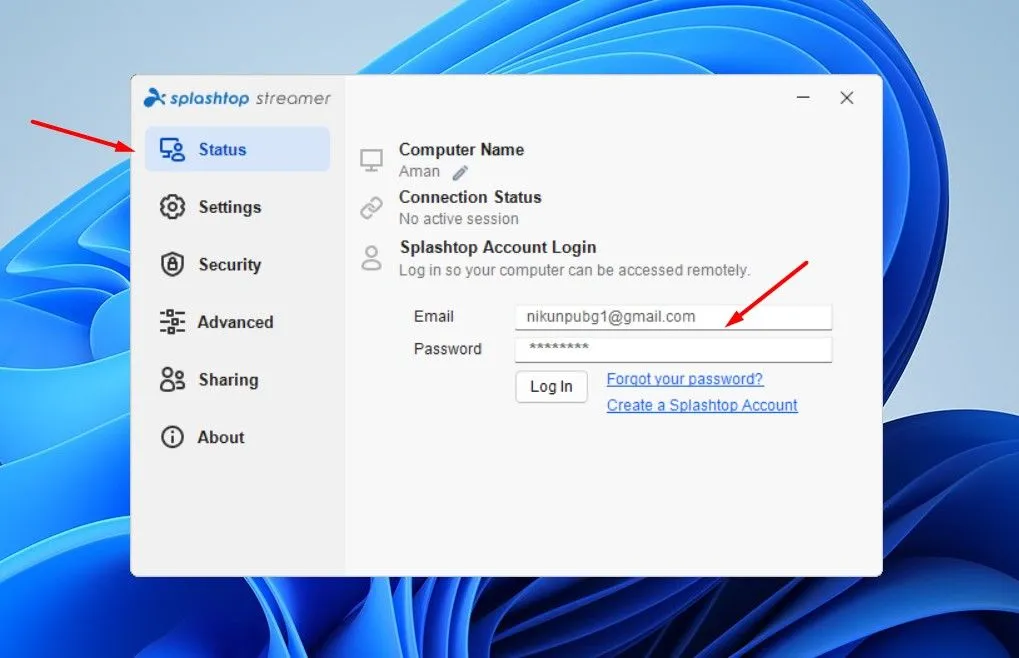 Giao diện tab &quot;Status&quot; (Trạng thái) của ứng dụng Splashtop Streamer trên Windows, hiển thị nơi đăng nhập tài khoản để kết nối từ xa.