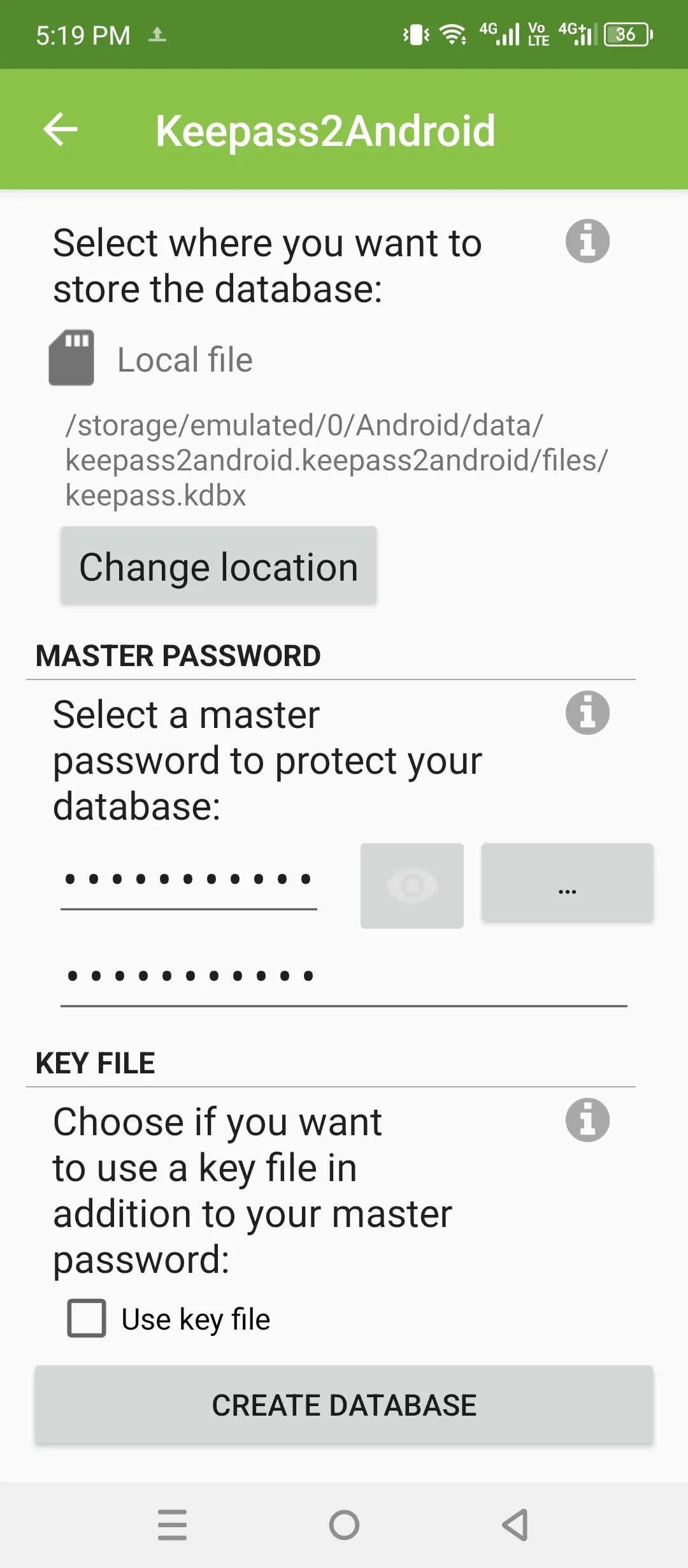 Giao diện tạo hầm mật khẩu mới trong ứng dụng KeePass2Android, hiển thị tùy chọn lưu trữ cục bộ.