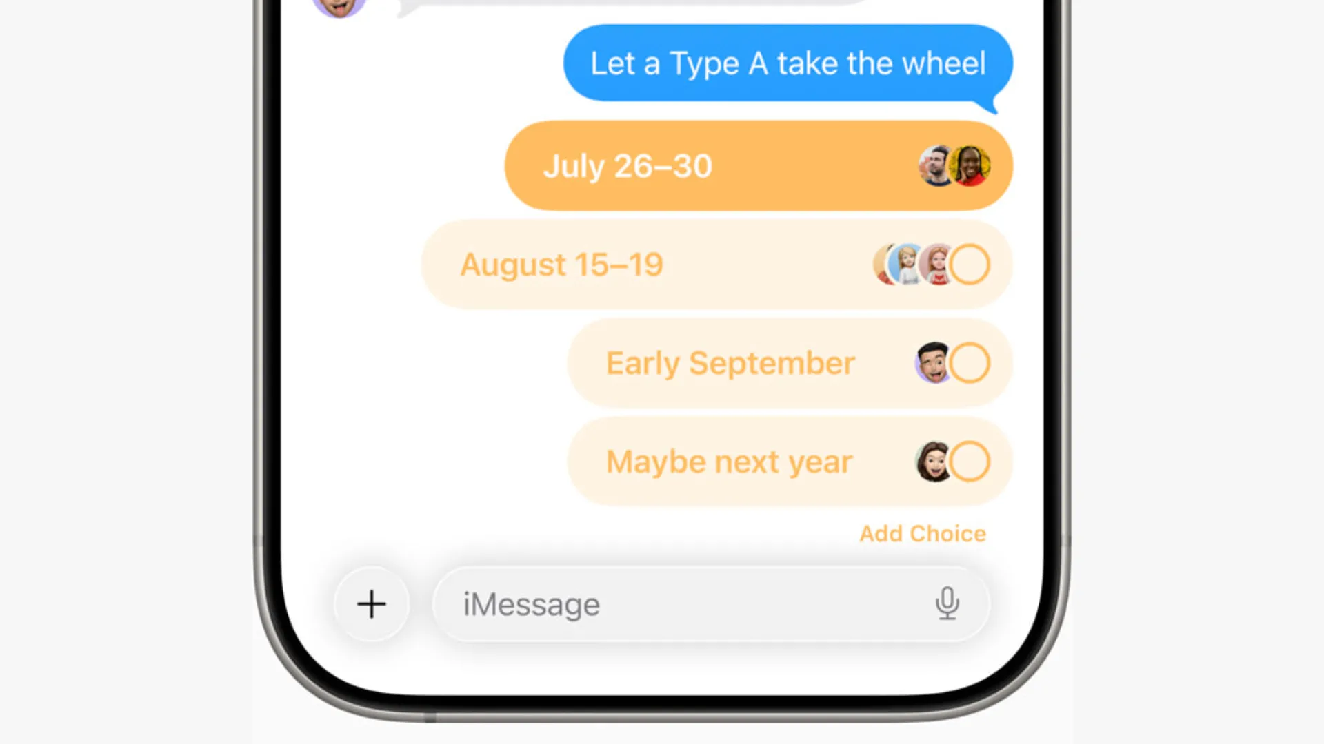 Giao diện tạo thăm dò ý kiến trong nhóm trò chuyện Tin nhắn Apple trên iOS 26, giúp thu thập ý kiến dễ dàng cho các kế hoạch chung.