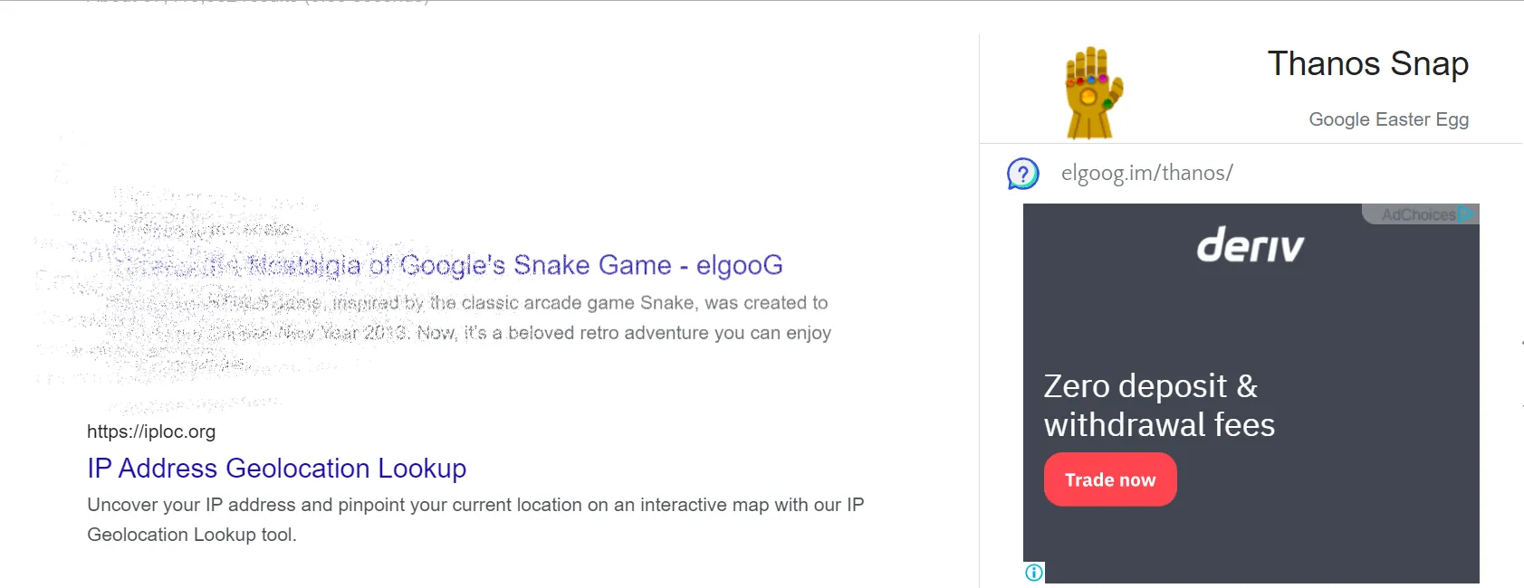 Giao diện tìm kiếm Google với kết quả đang tan biến cùng Găng tay Vô Cực của Thanos, minh họa Easter Egg Avengers: Infinity War