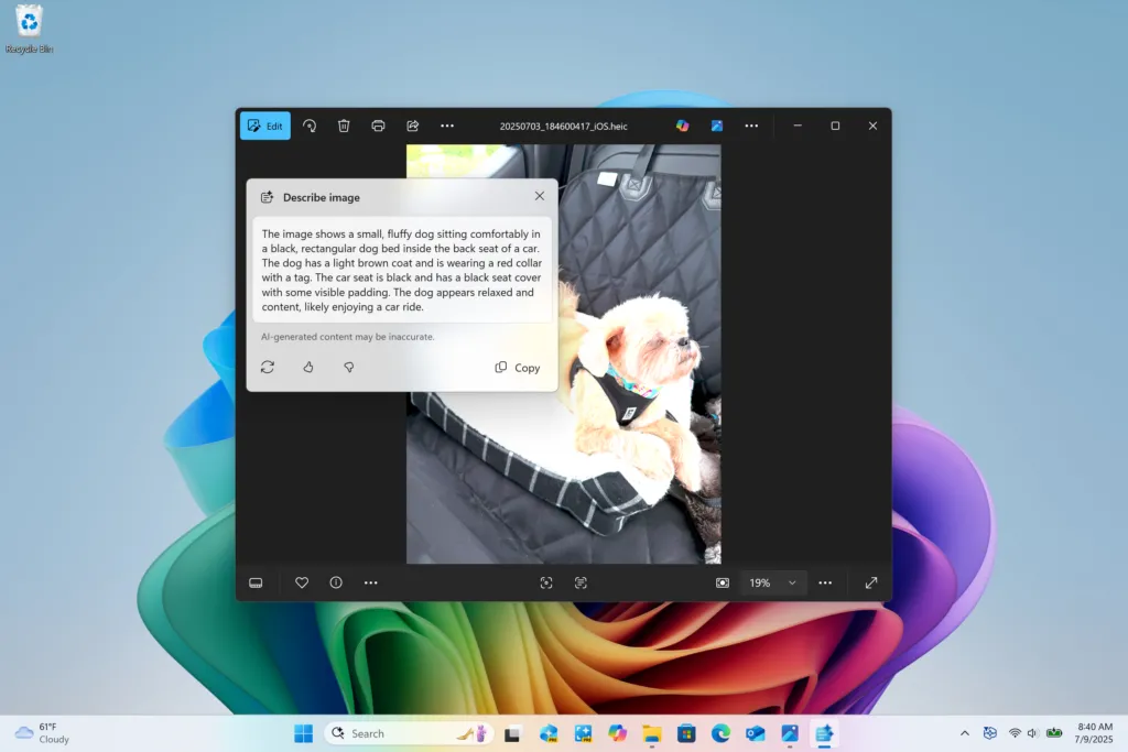 Giao diện tính năng "Mô tả hình ảnh" trong Click to Do trên Windows 11, hiển thị mô tả văn bản chi tiết về chú chó Kilo, minh họa khả năng AI nhận diện và giải thích nội dung ảnh.