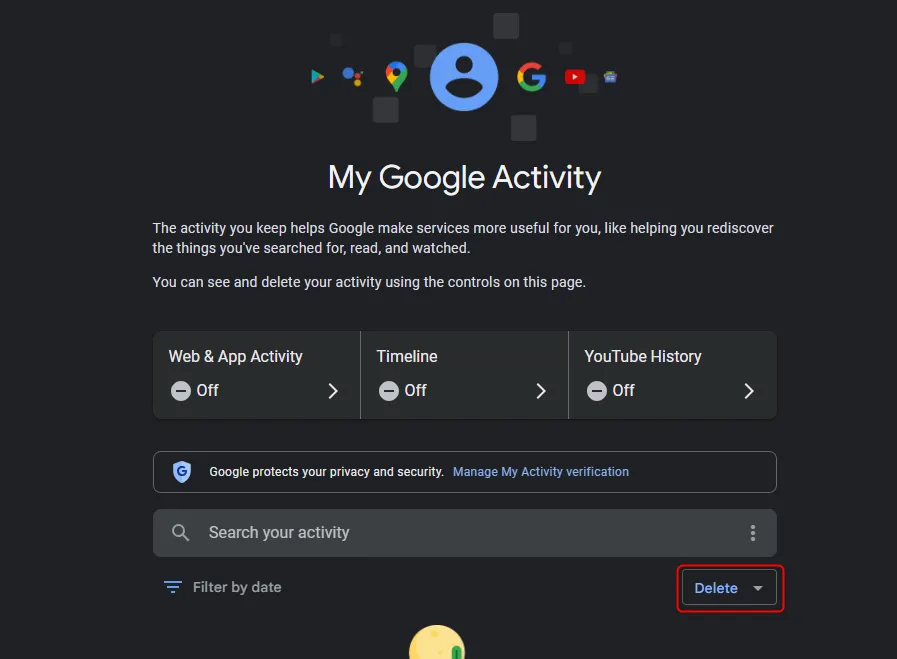 Giao diện trang Hoạt động của tôi trên Google, hiển thị danh sách chi tiết các hoạt động tìm kiếm và truy cập web gần đây của người dùng, cùng với tùy chọn xóa mục cụ thể. Đây là nơi quản lý dữ liệu cá nhân trên tài khoản Google.