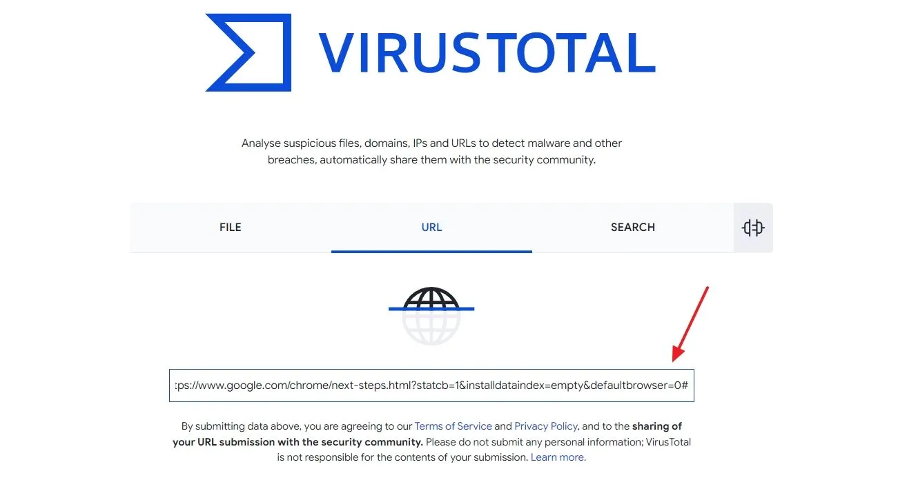 Giao diện trang web VirusTotal hiển thị trường nhập URL để kiểm tra đường link tải ứng dụng, giúp phát hiện mã độc và đảm bảo an toàn phần mềm.